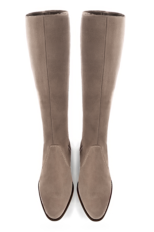 Tan beige women's riding knee-high boots. Round toe. Low leather soles. Made to measure. Top view - Florence KOOIJMAN